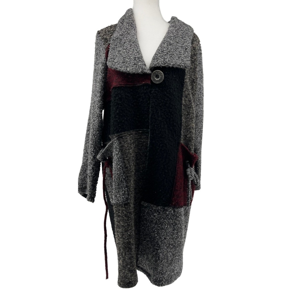 Artful Patchwork Knit Cardigan Coat Women's Open Front Textured Burgundy Black M